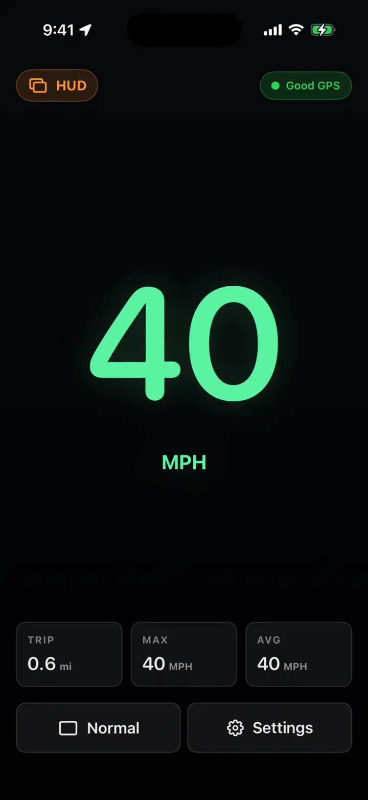ClearSpeed GPS HUD mirror mode showing a large green speed readout