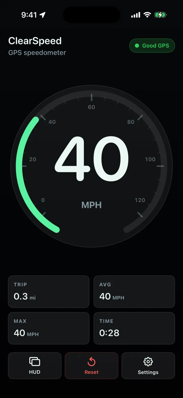 ClearSpeed GPS dark mode showing 40 MPH